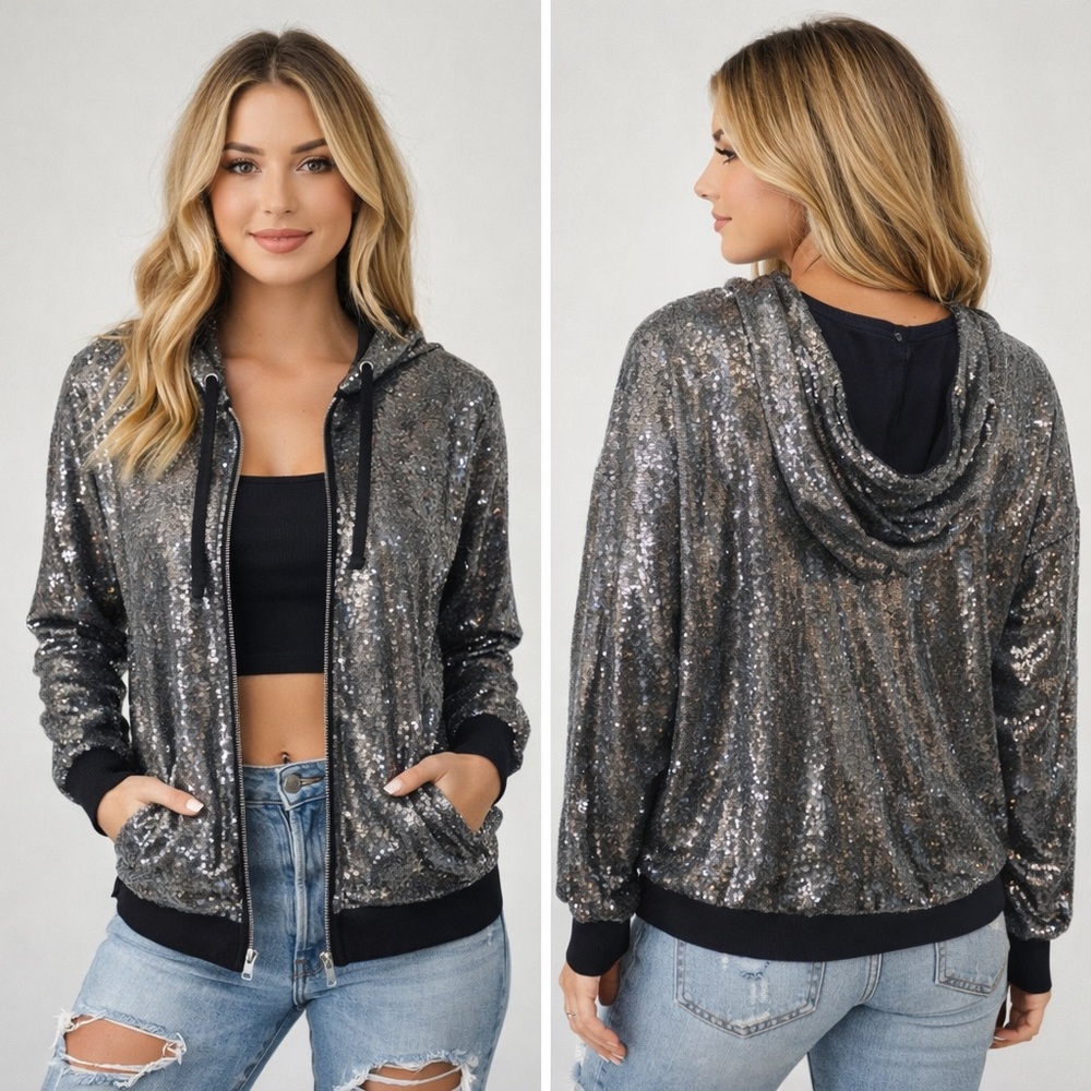 Anthropologie‎ Postmark Blue/ Silver Hooded Sequin Sweat Jacket Sz. XS